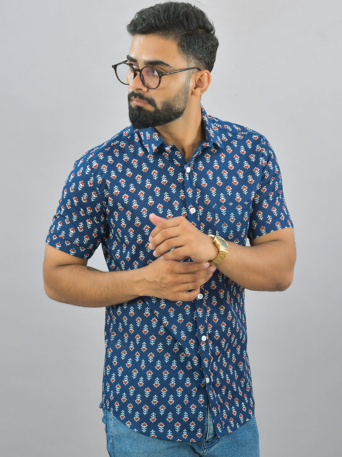 Mens Regualr Fit Half Sleeves Blue Floral Printed Cotton Shirt