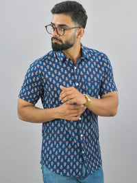 Mens Regualr Fit Half Sleeves Blue Floral Printed Cotton Shirt