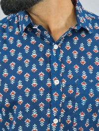 Mens Regualr Fit Half Sleeves Blue Floral Printed Cotton Shirt