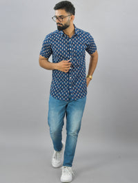 Mens Regualr Fit Half Sleeves Blue Floral Printed Cotton Shirt