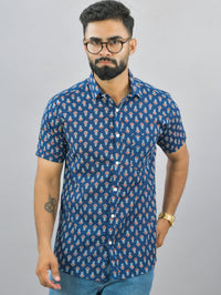 Mens Regualr Fit Half Sleeves Blue Floral Printed Cotton Shirt