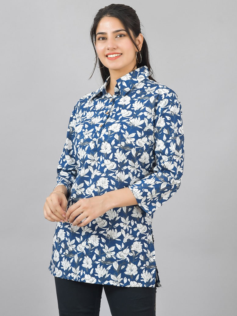 Women Blue Floral Printed Cotton Spread Collar Short Kurti