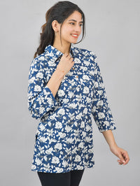 Women Blue Floral Printed Cotton Spread Collar Short Kurti