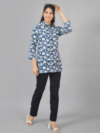 Women Blue Floral Printed Cotton Spread Collar Short Kurti