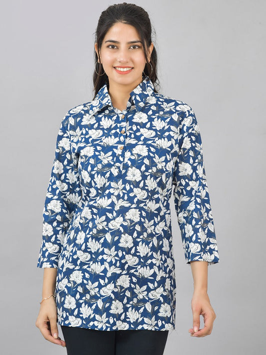 Women Blue Floral Printed Cotton Spread Collar Short Kurti