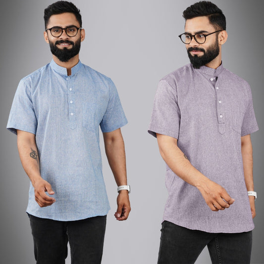 Pack Of 2 Mens Regular Fit Blue And Purple Half Sleeve Cotton Short Kurta Combo