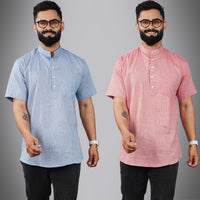 Pack Of 2 Mens Regular Fit Blue And Red Half Sleeve Cotton Short Kurta Combo