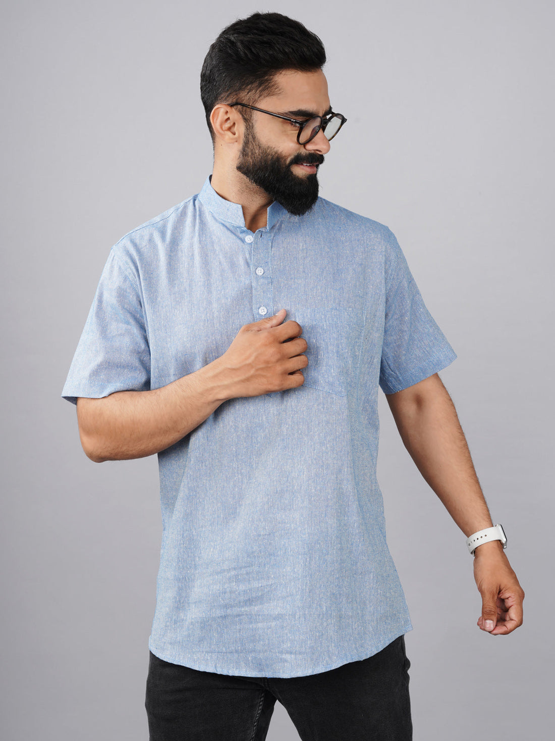 Pack Of 2 Mens Regular Fit Blue And Grey Half Sleeve Cotton Short Kurta Combo
