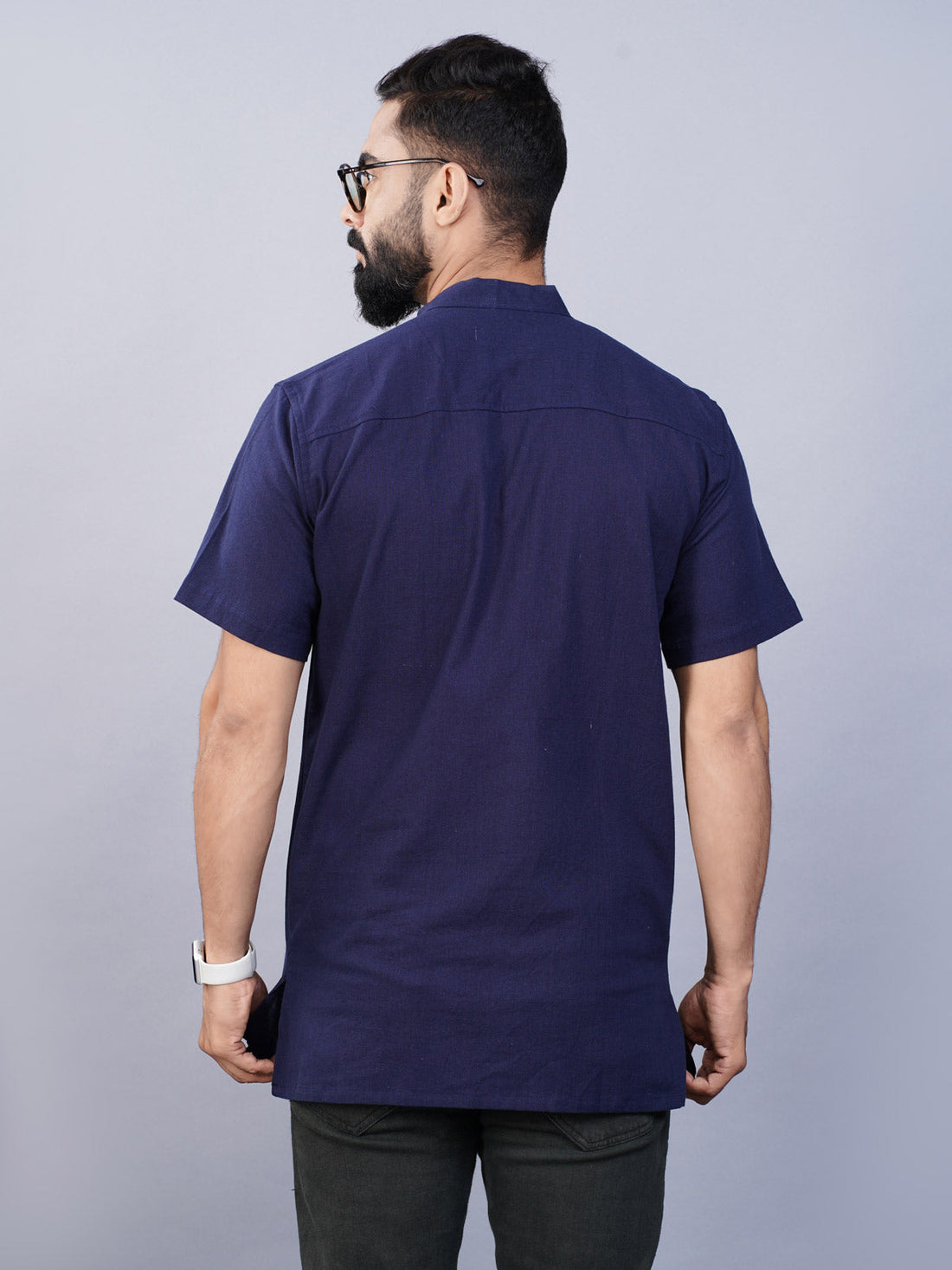 Solid Blue Regular Fit Cotton Straight Short Kurta