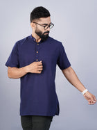 Solid Blue Regular Fit Cotton Straight Short Kurta