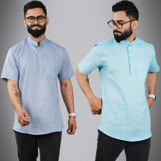 Pack Of 2 Mens Regular Fit Blue And Sky Blue Half Sleeve Cotton Short Kurta Combo