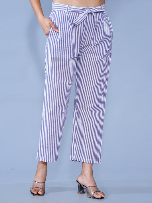 Women Blue Regular Fit Stripe Cotton Trouser