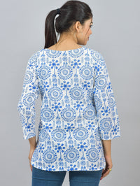 Womens Regular Fit Blue Tribal Printed Short Kurti/Top