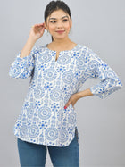 Womens Regular Fit Blue Tribal Printed Short Kurti/Top