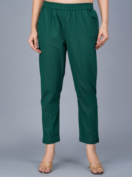 Women's Green Regular Fit Elastic Cotton Trouser