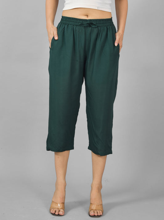 Women Solid Dark Green Rayon Calf Length Culottes Trouser