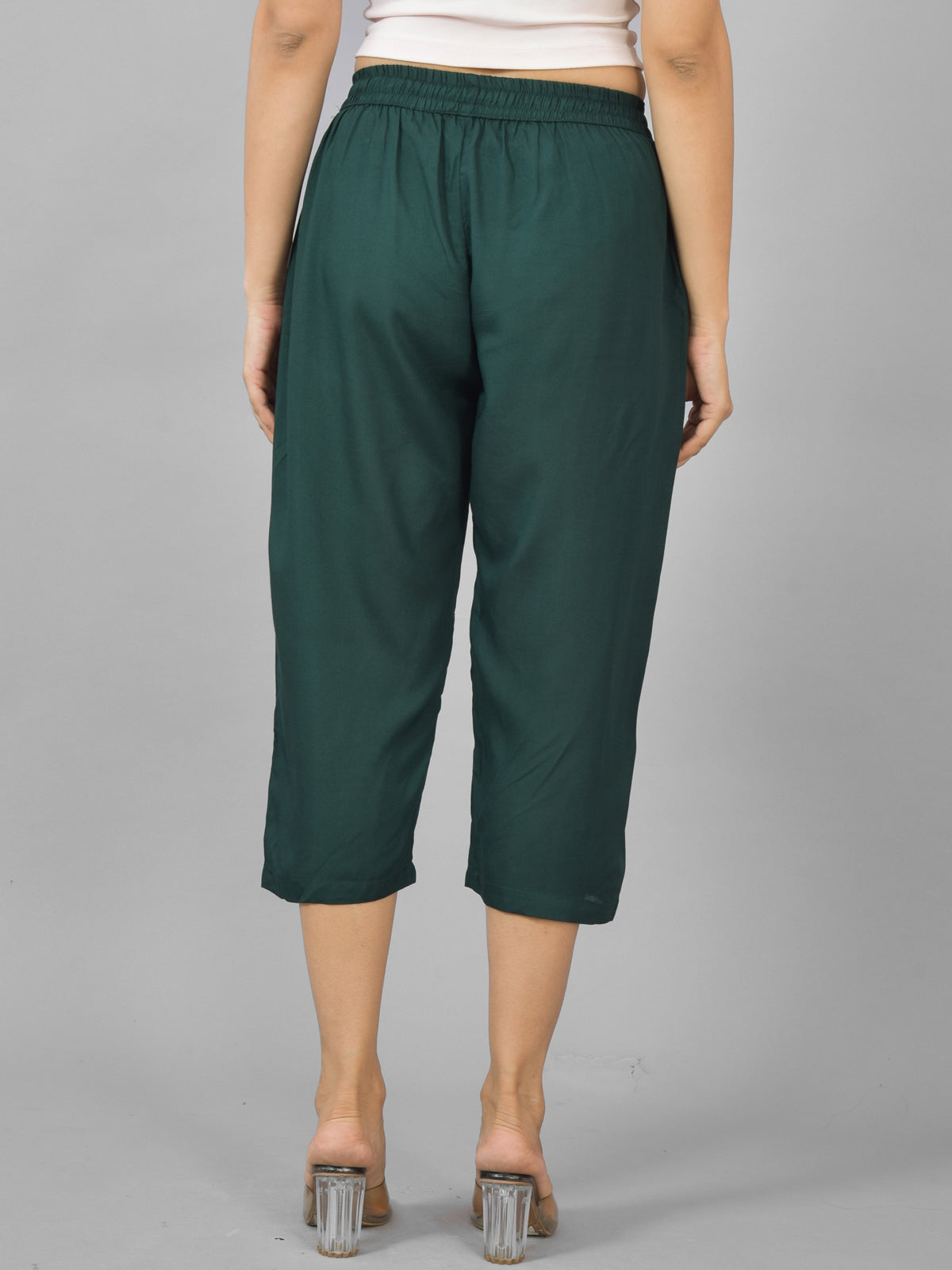 Women Solid Dark Green Rayon Calf Length Culottes Trouser