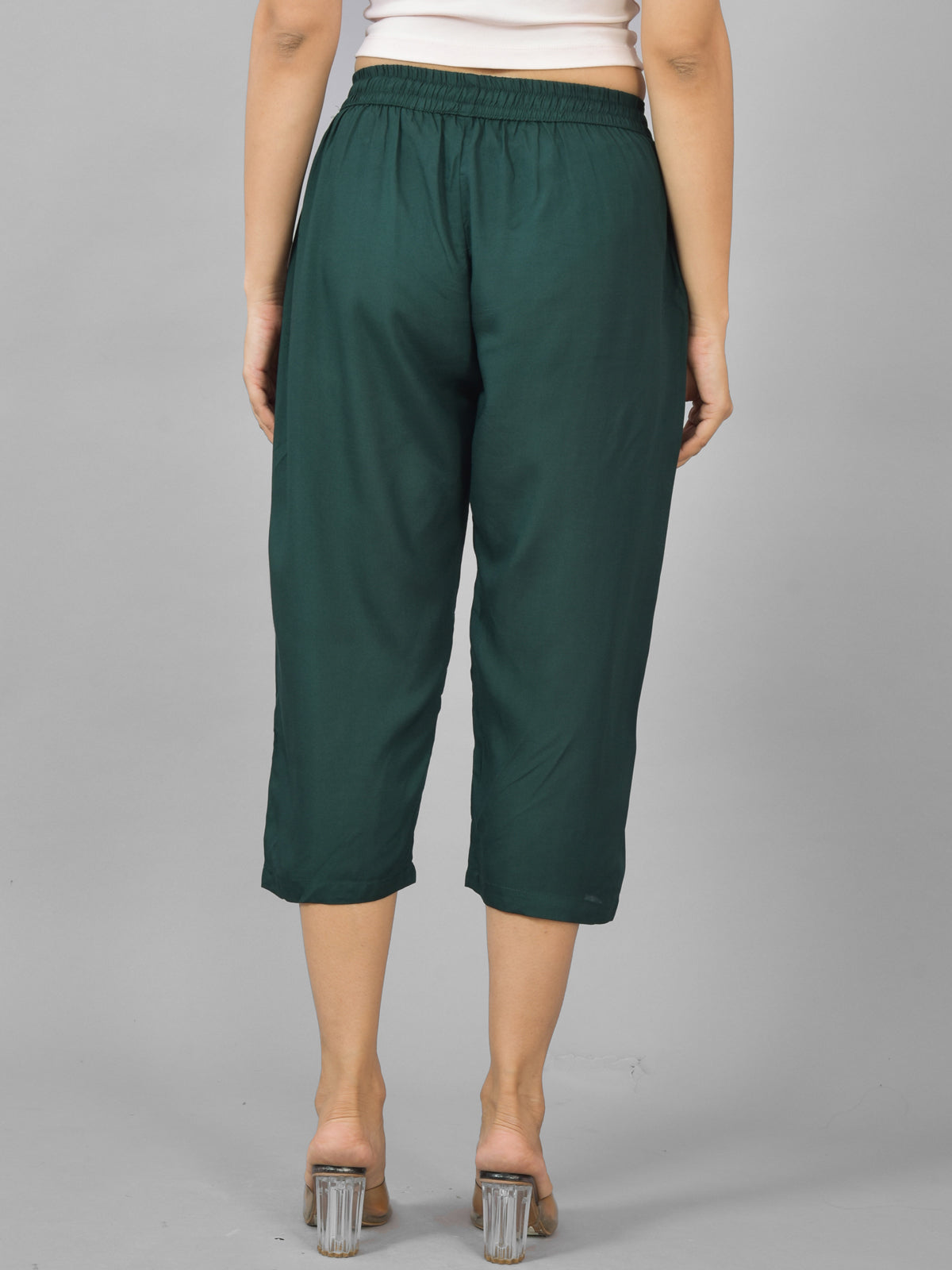 Pack Of 2 Womens Dark Green And Teal Blue Calf Length Rayon Culottes Trouser Combo
