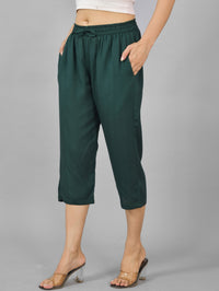 Women Solid Dark Green Rayon Calf Length Culottes Trouser