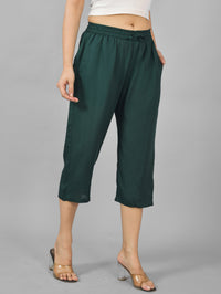 Women Solid Dark Green Rayon Calf Length Culottes Trouser