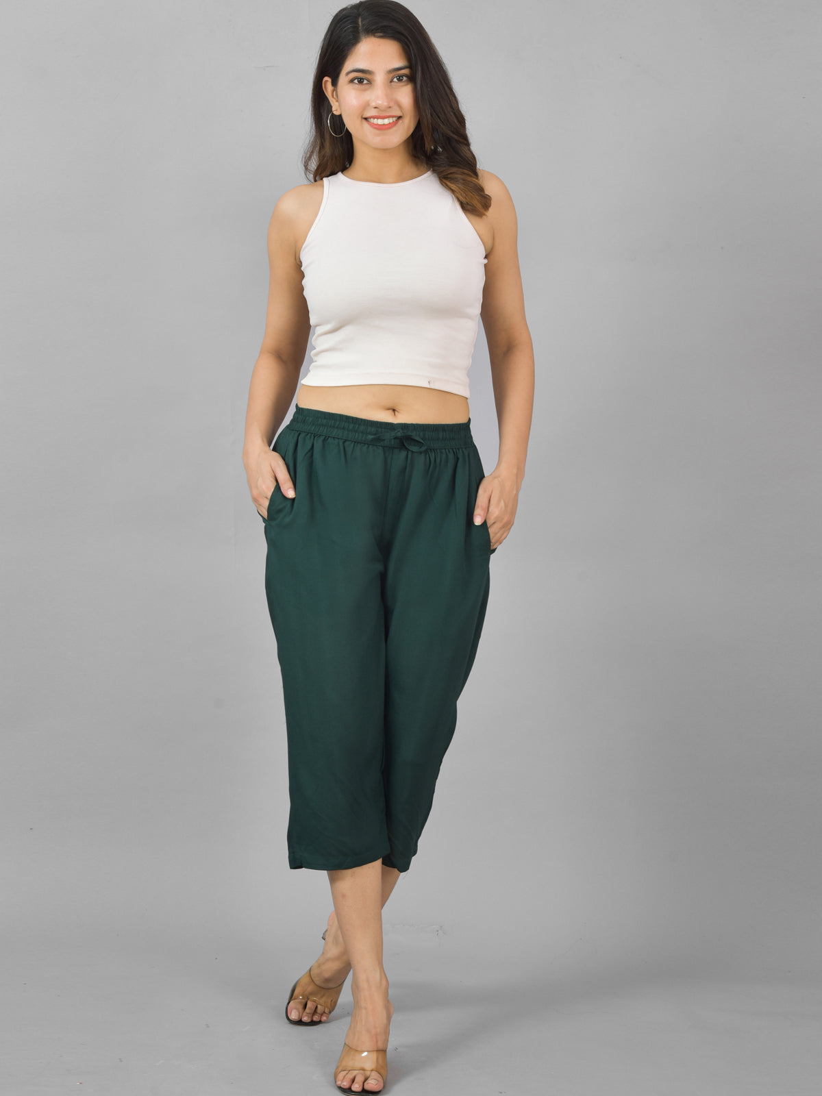 Pack Of 2 Womens Dark Green And White Calf Length Rayon Culottes Trouser Combo