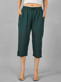 Pack Of 2 Womens Dark Green And Rani Pink Calf Length Rayon Culottes Trouser Combo