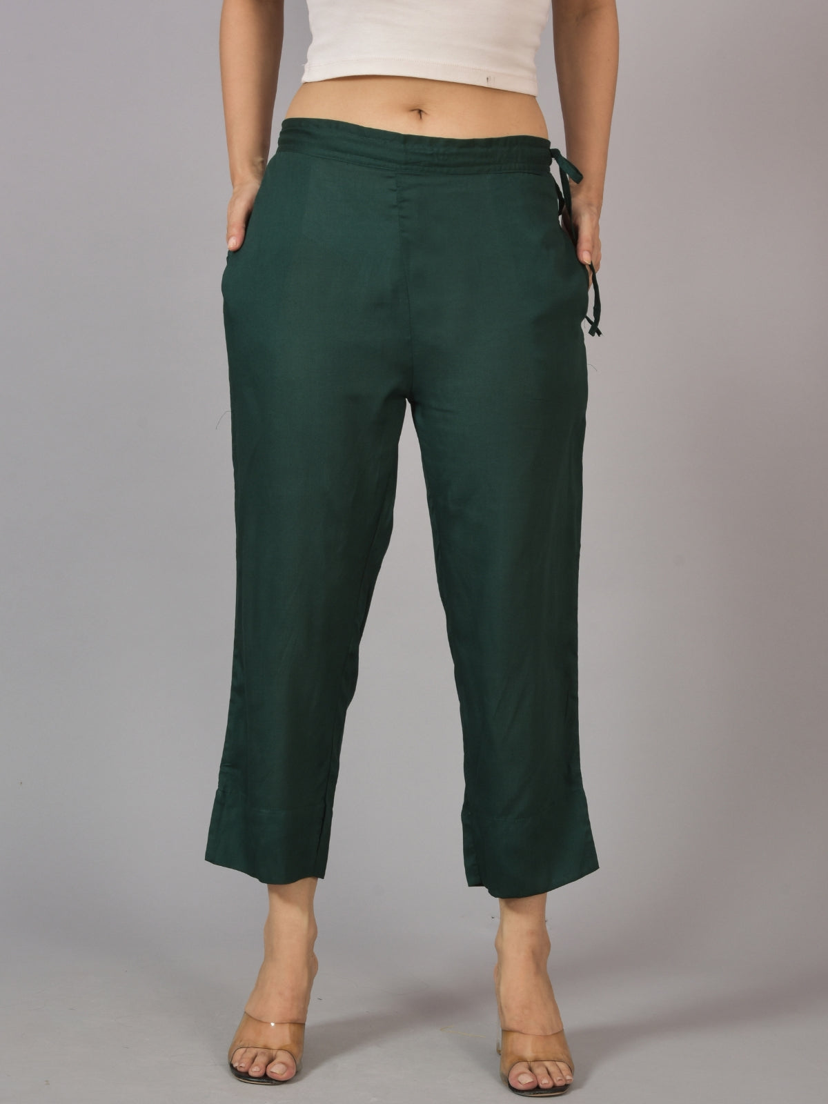 Women Solid Dark Green Rayon Culottes Trouser