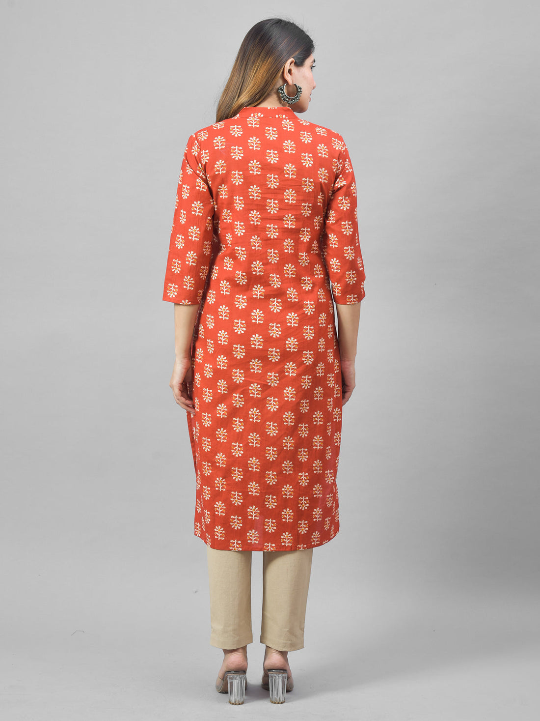 Women Red Cambric Cotton Floral Printed Kurti