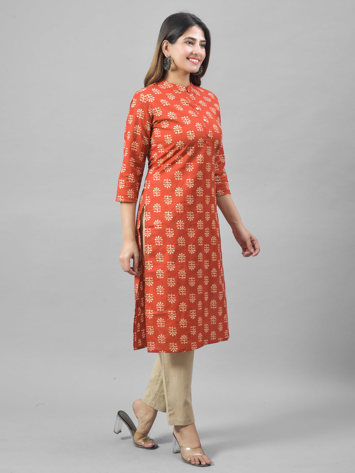Women Red Cambric Cotton Floral Printed Kurti