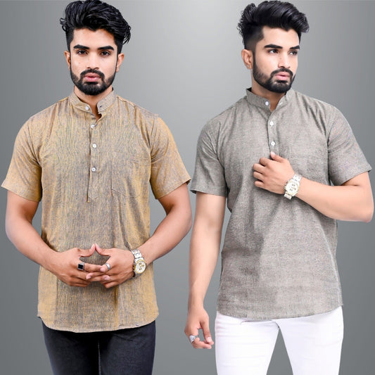 Mens Regular Fit Brown and Biscuit Grey Half Sleeve Cotton Short Kurta Combo