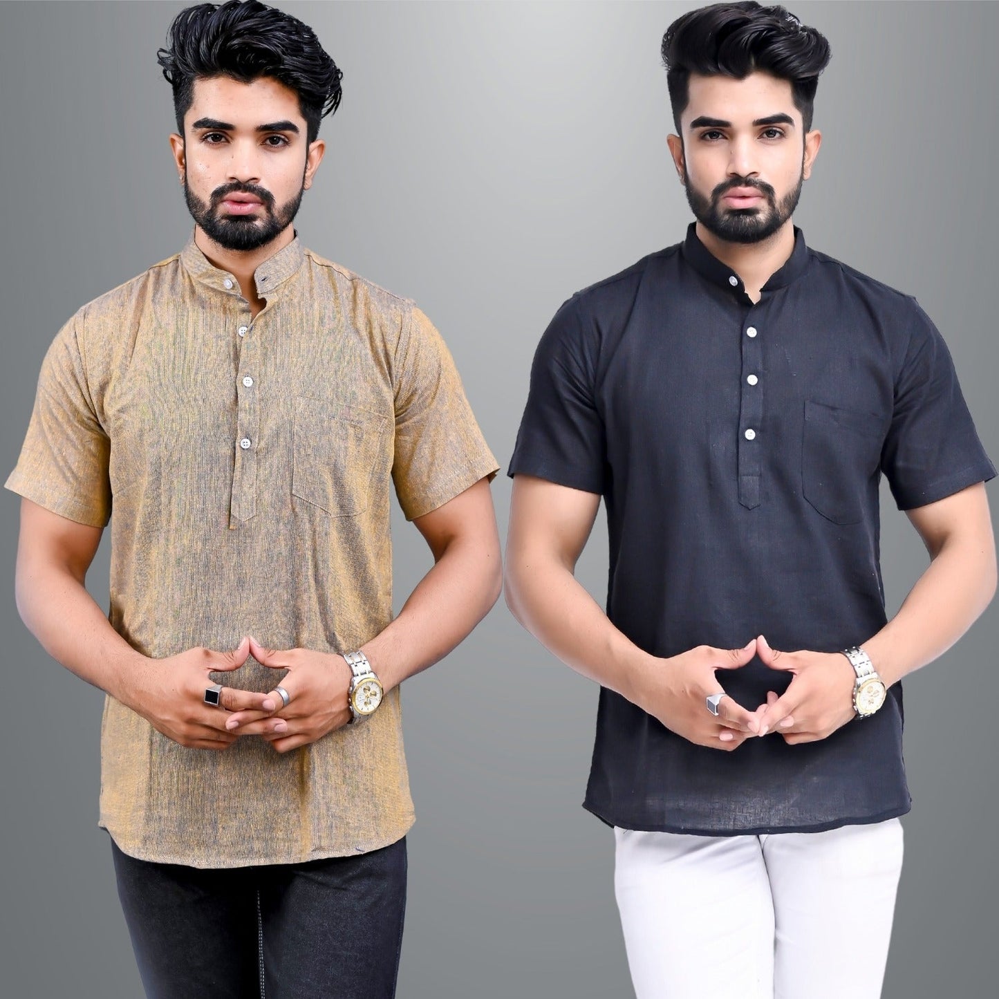 Mens Regular Fit Brown and Black Half Sleeve Cotton Short Kurta Combo