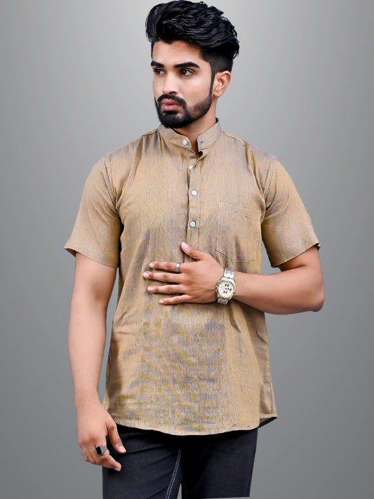 Mens Solid Brown Khadi Cotton Short Kurta