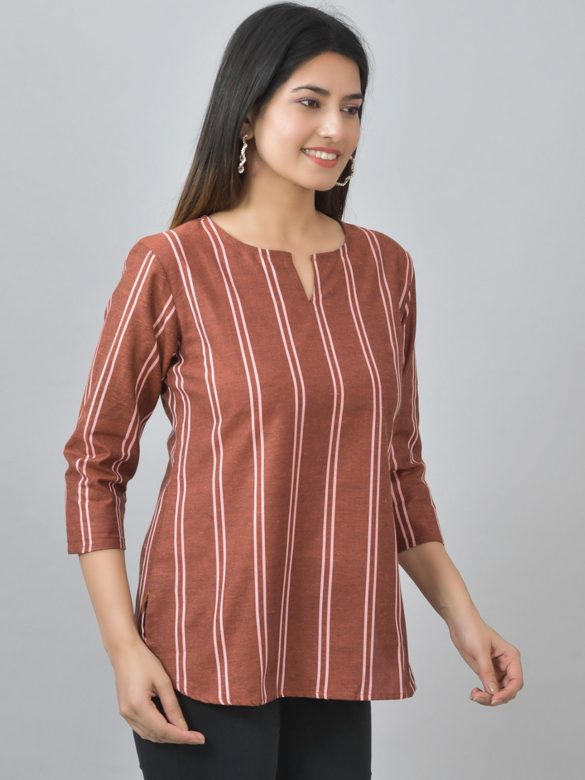 Womens Regular Fit Dark Brown Double Stripe Cotton Top