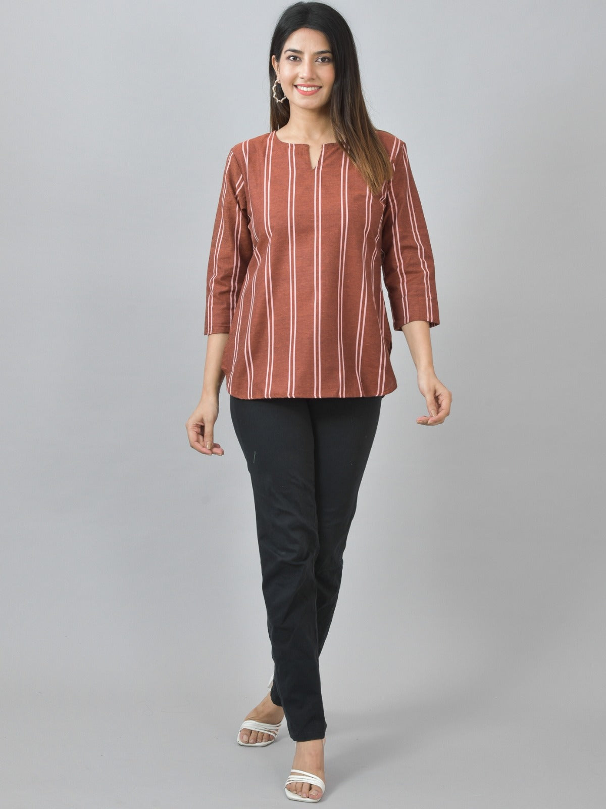 Womens Regular Fit Dark Brown Double Stripe Cotton Top