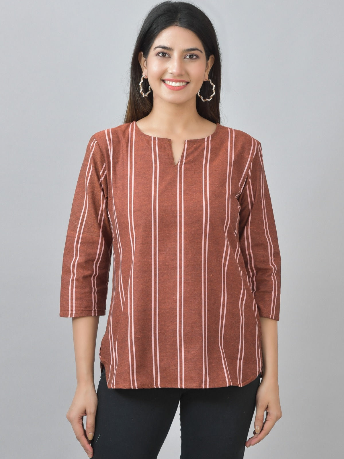 Pack Of 2 Brown And Grey Striped Cotton Womens Top Combo