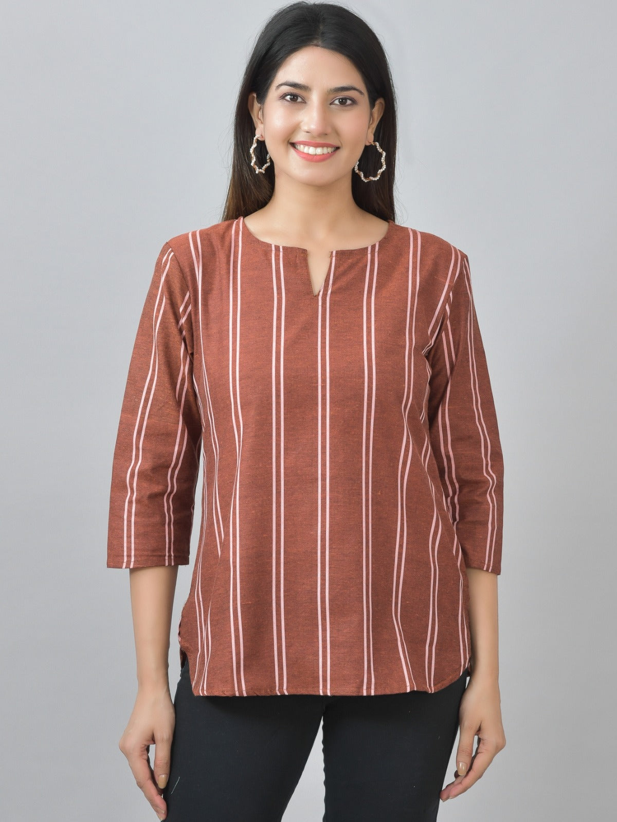 Womens Regular Fit Dark Brown Double Stripe Cotton Top