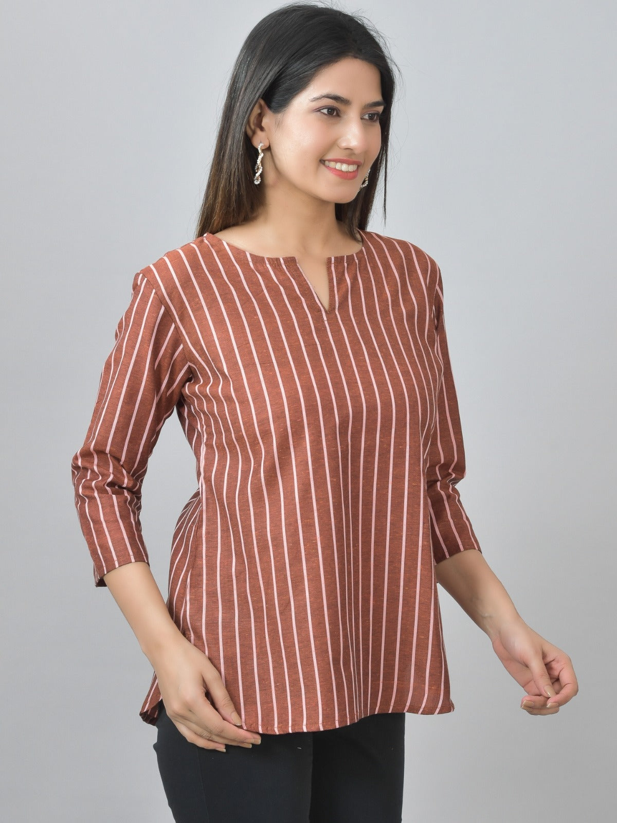 Womens Regular Fit Dark Brown Single Stripe Cotton Top