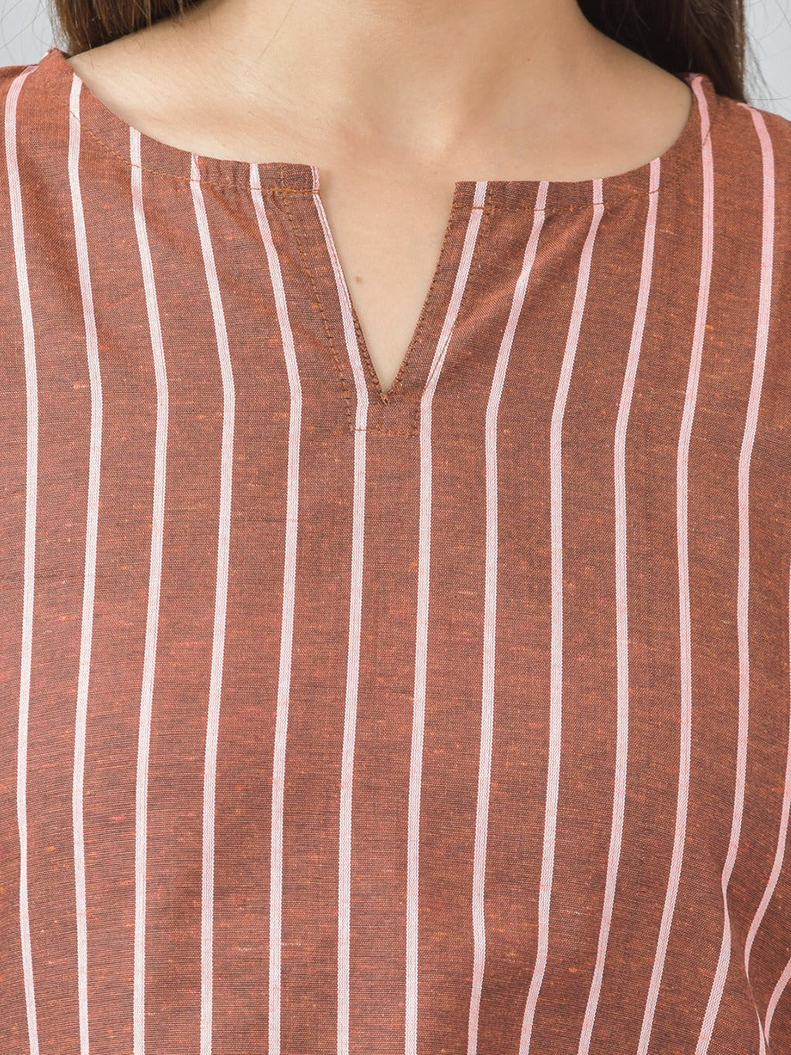 Womens Regular Fit Dark Brown Single Stripe Cotton Top