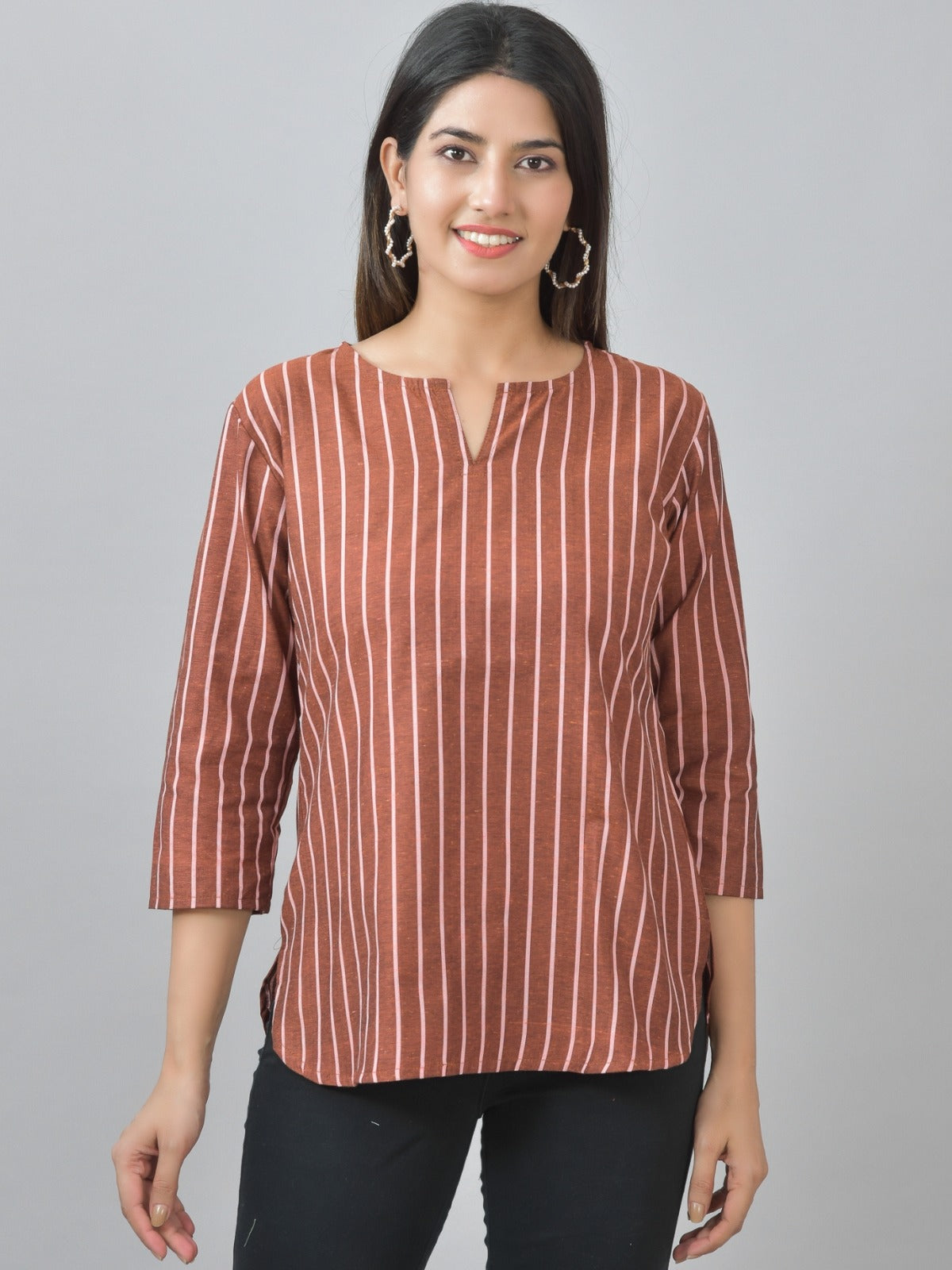 Pack Of 2 Dark Brown And Maroon Striped Cotton Womens Top Combo