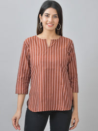 Womens Regular Fit Dark Brown Single Stripe Cotton Top