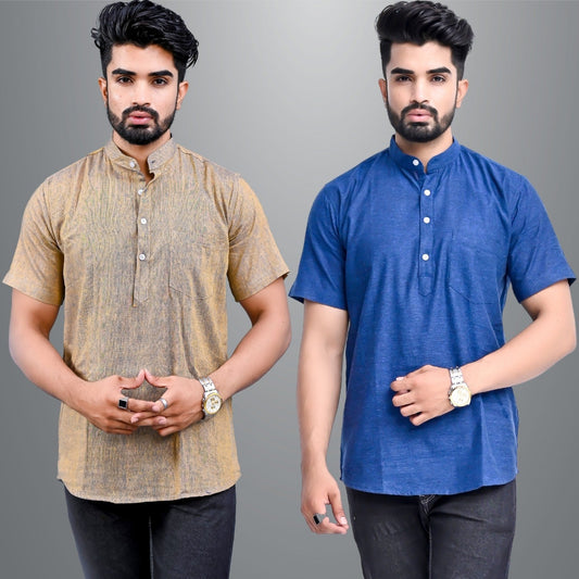 Mens Regular Fit Brown and Dark Blue Half Sleeve Cotton Short Kurta Combo