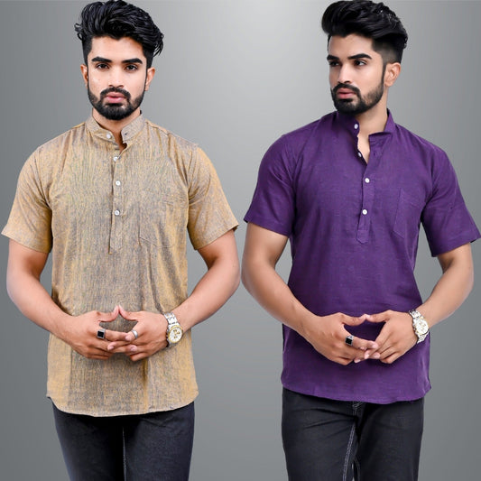 Mens Regular Fit Brown and Dark Purple Half Sleeve Cotton Short Kurta Combo