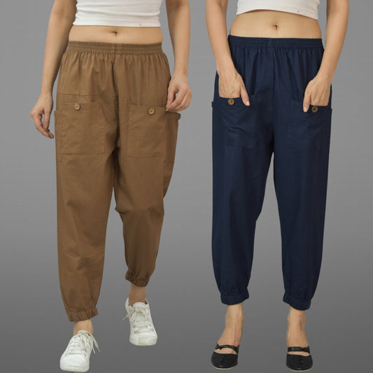 Combo Pack Of Womens Brown And Dark Blue Four Pocket Cotton Cargo Pants