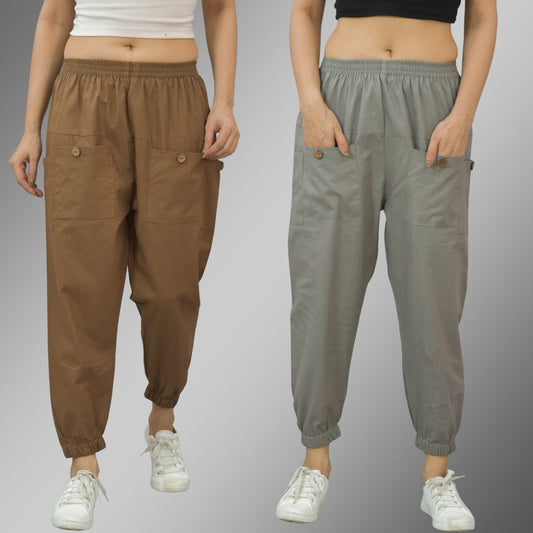 Combo Pack Of Womens Brown And Grey Four Pocket Cotton Cargo Pants