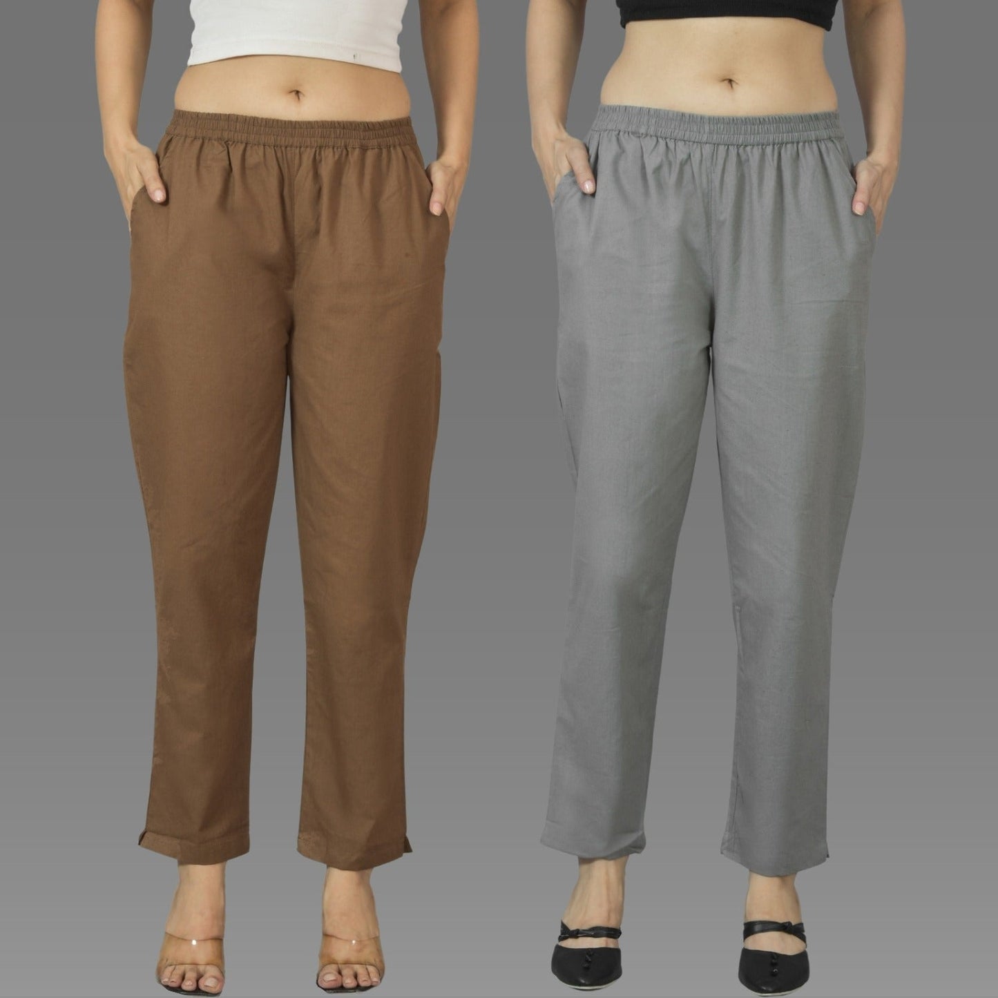 Pack Of 2 Womens Brown And Grey Deep Pocket Fully Elastic Cotton Trouser