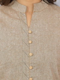 Pack Of 2 Womens Brown And Green Woven Design Handloom Cotton Frontslit Short Kurtis