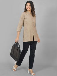 Womens Brown Woven Design Handloom Cotton Frontslit Short Kurti