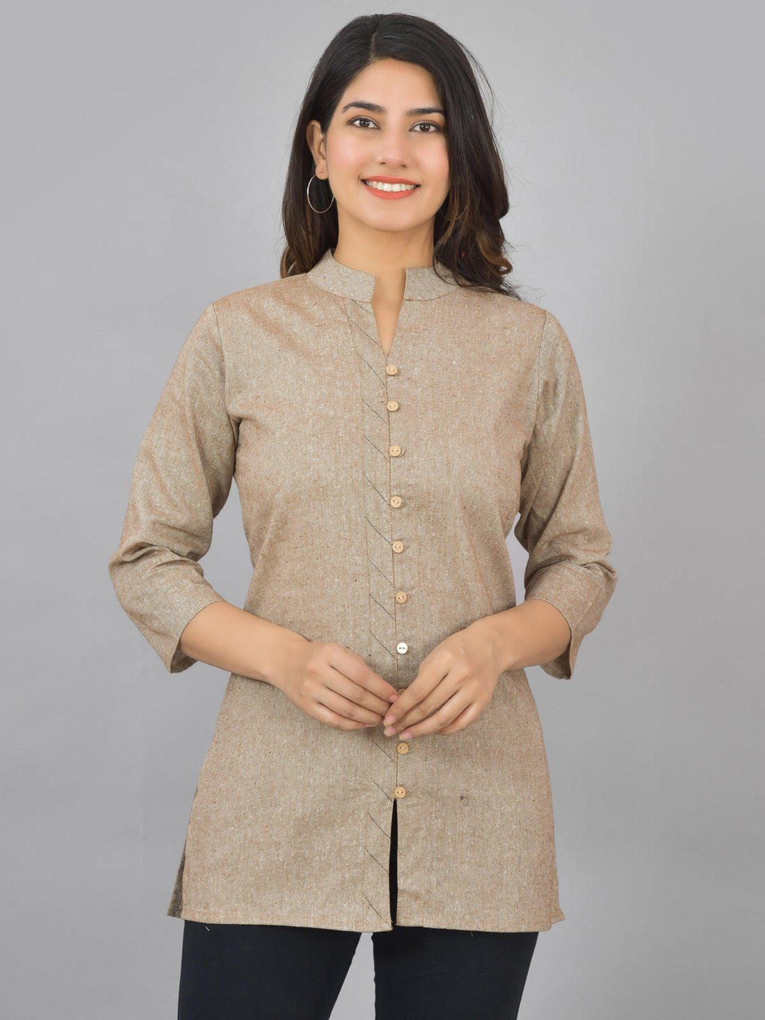 Pack Of 2 Womens Brown And Cream Woven Design Handloom Cotton Frontslit Short Kurtis