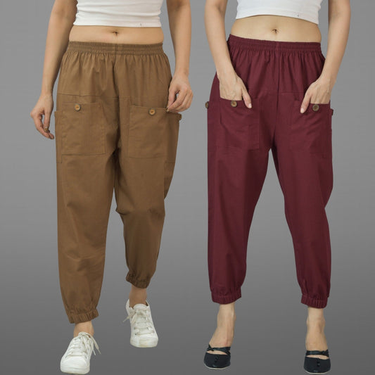 Combo Pack Of Womens Brown And Maroon Four Pocket Cotton Cargo Pants