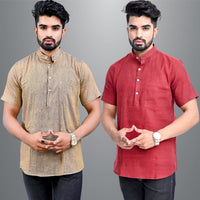 Mens Regular Fit Brown and Maroon Half Sleeve Cotton Short Kurta Combo